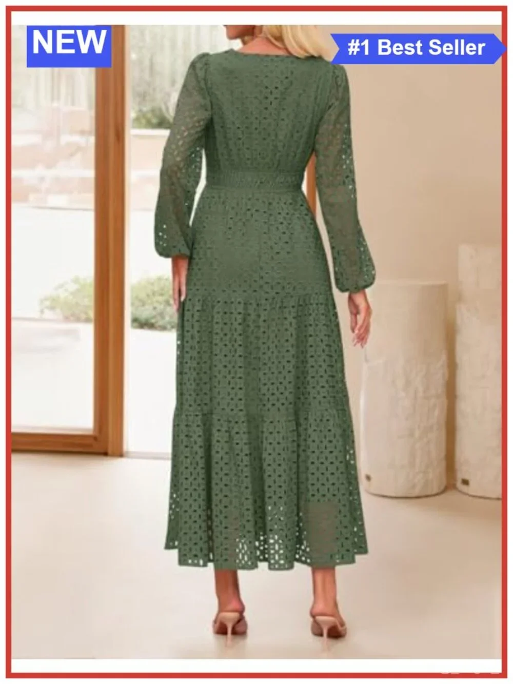 Long Sleeve Eyelet Maxi Dress V-Neck A-Line Flowy Swing Dress